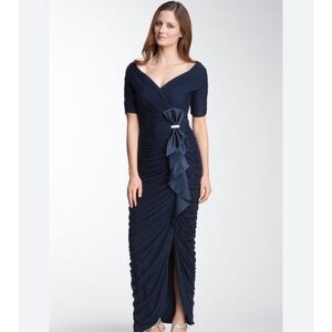 Daymor Couture 8031 Navy Blue Ruched Mesh Gown Bow Dress Size 8